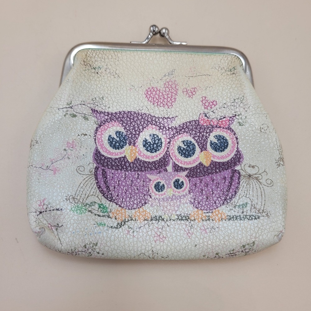 Vtg style Owl Family Kiss Lock Coin Purse Faux Leather Pouch Purple Pink 4.5x5